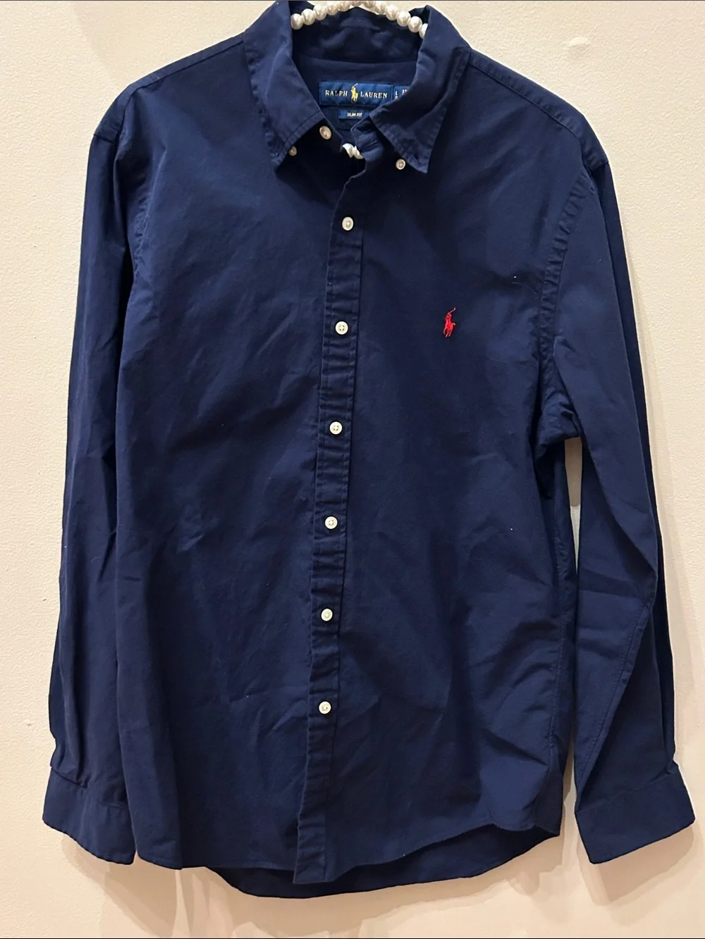 Polo Ralph Lauren Men's Large Slim Fit Navy Blue Button Down Shirt Red Pony L